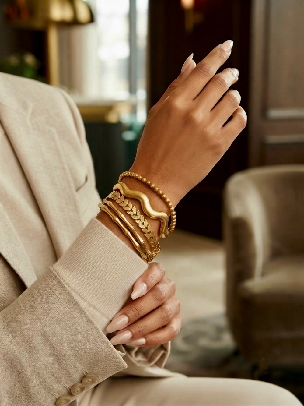 Gold Tone Mixed Bracelet Set Bamboo Leaf Wave Beaded Stack 4 Pc